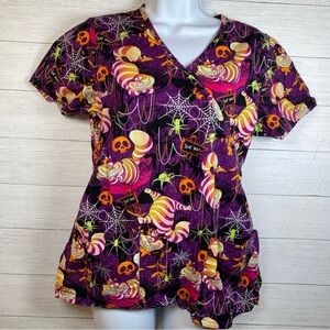 Disney Women's XS Scrub Top Mock Wrap Halloween Cheshire Cat uniform purple